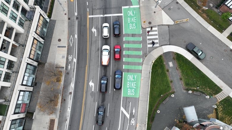 A drone image of Bloor Street W. bike lanes near Jane Street and the Humber River.