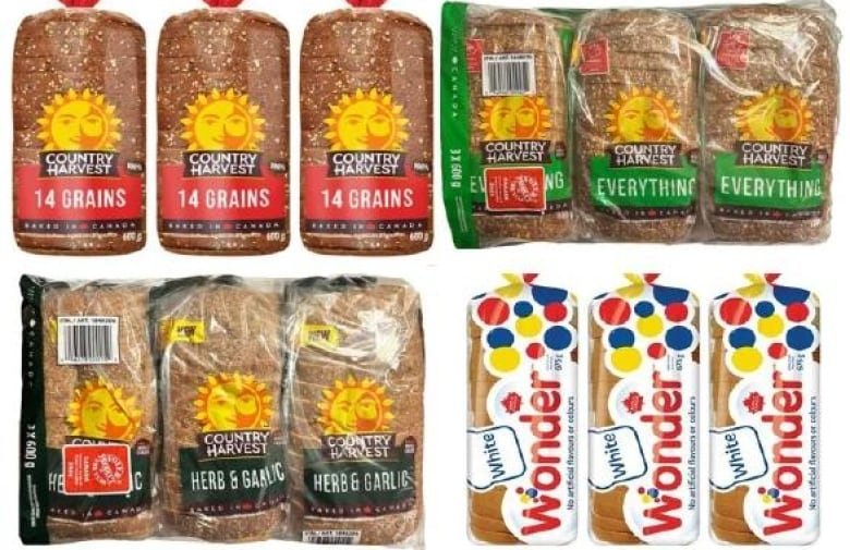 A composite image shows four types of bread, with the labels "Country Harvest 14 grains", "Country Harvest Herb & Garlic", "Country Harvest Everything" and white Wonder bread.