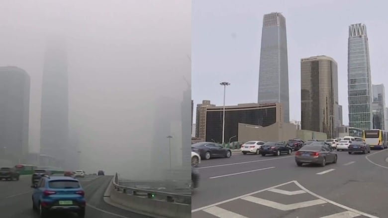 An image of a city with and without thick smog.