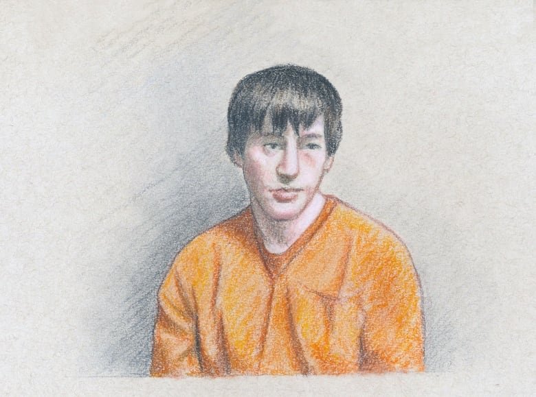 A young man in an orange top appears in a court sketch.