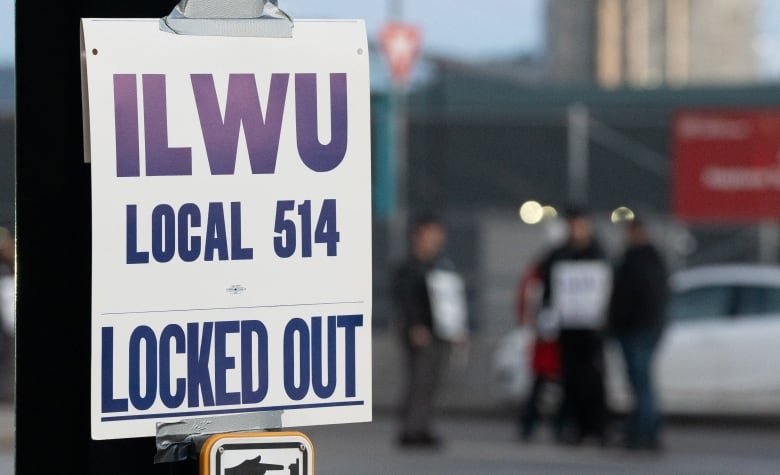 A sign is shown close-up that says "ILWU Local 514 Locked Out" on a pole in the foreground on the left side of the image. In the distance, the blurred figures of several people are visible.