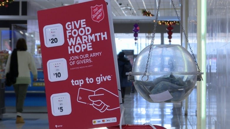 A clear bowl filled with money beside a sign for the Salvation Army's kettle campaign.