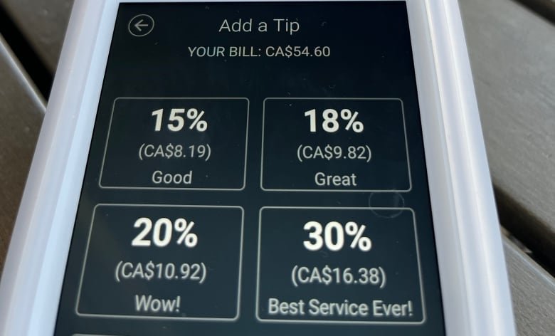 The screen of a debit card machine, displaying tip options.