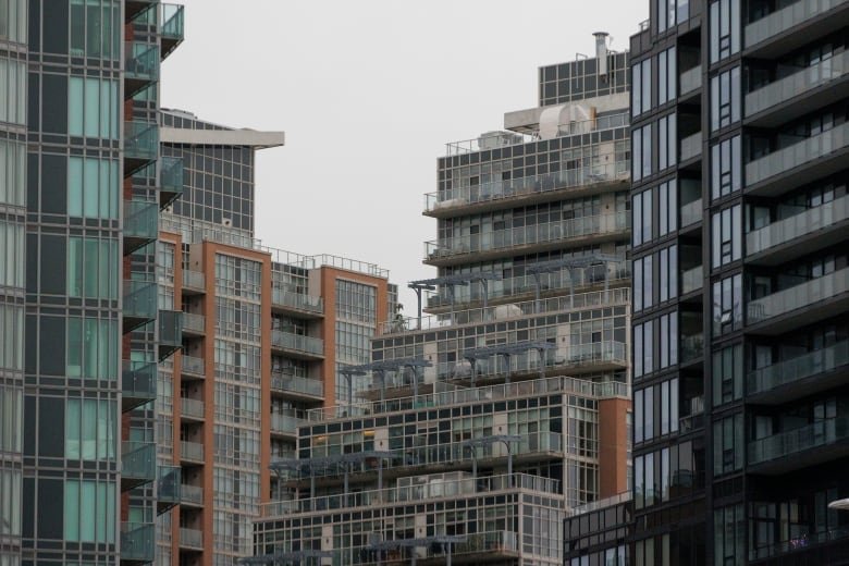 Apartment buildings in a city.