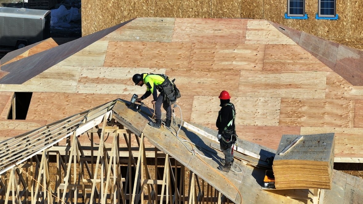 Two workers weraring saftey harnesses and hard hats stand on a roof. One is nailing down a sheet of plywood with a nail gun.