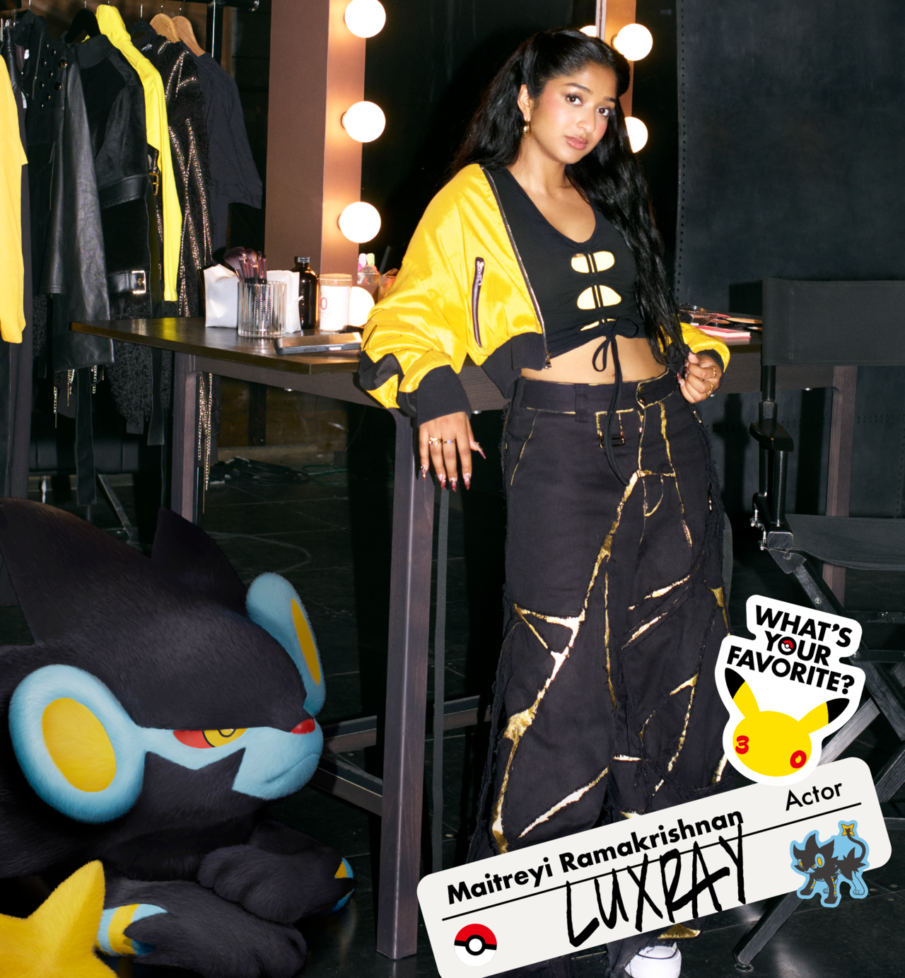 A woman stands in front of a mirror with a cartoon Pokemon in the picture.