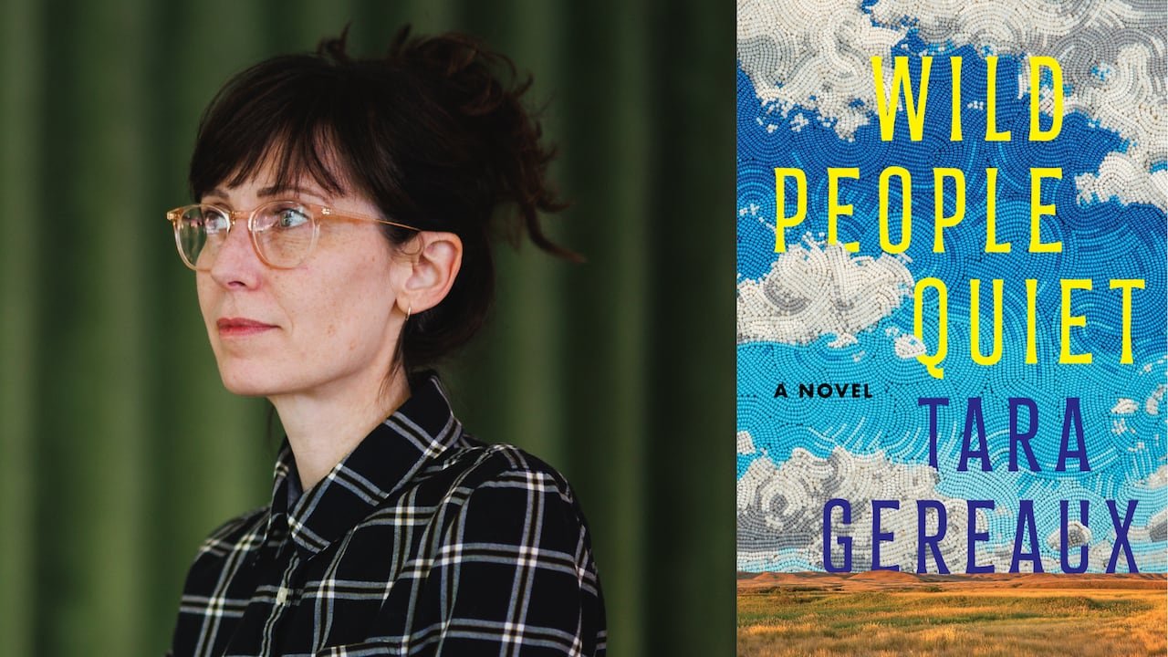 A woman with her hair in a bun and glasses looking left, book cover of a beaded sky over a Saskatchewan plain.